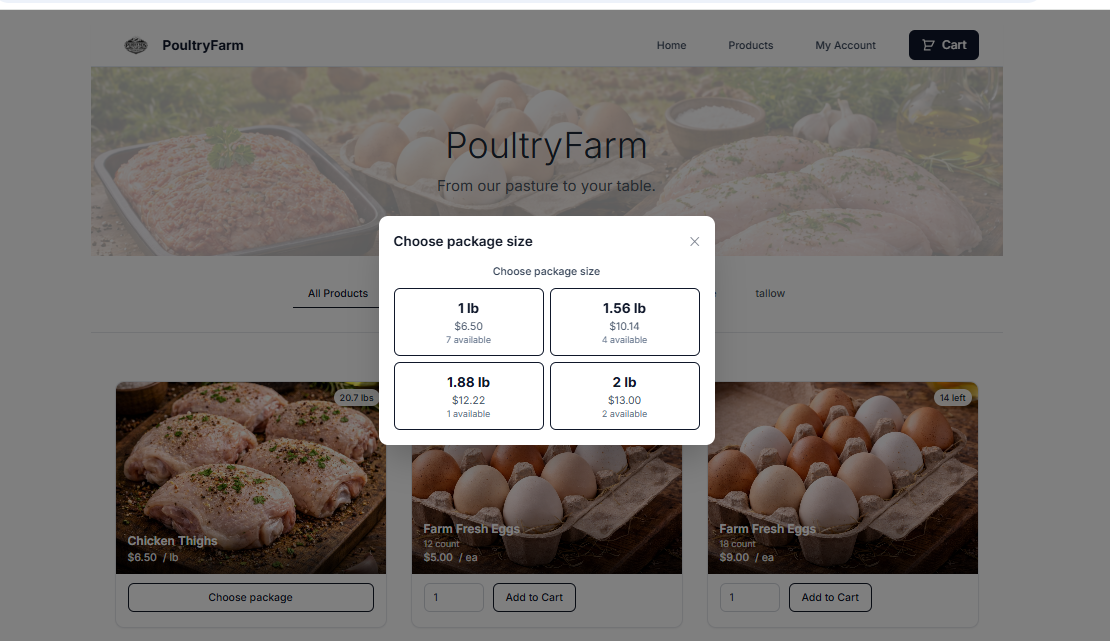 PurveyOS storefront showing customers exact packages with visible weights and final prices.
